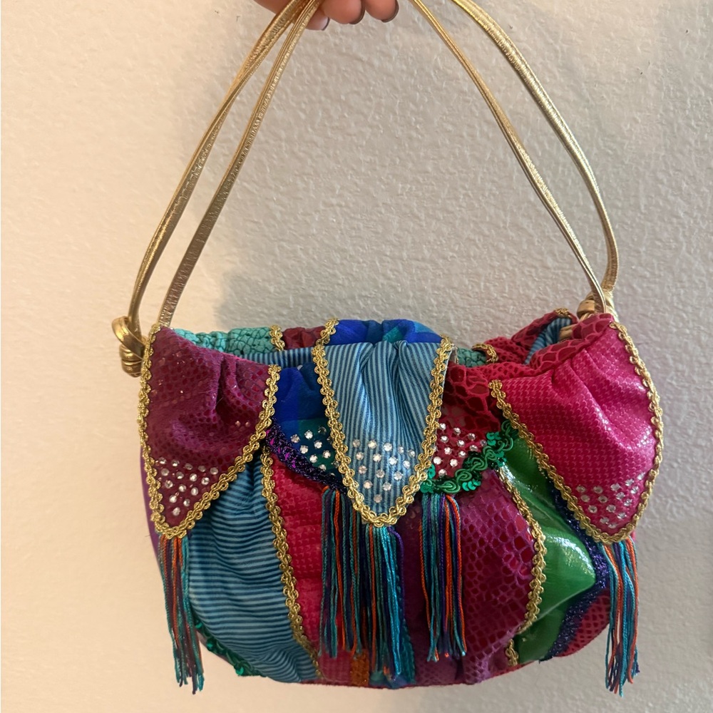 Multicolor Patchwork Shoulder Bag with Gold Accents